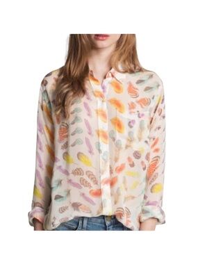 Equipment Femme Button Down Silk Blouse Sheer Feather Print Size Small